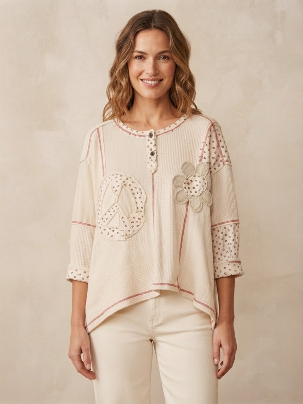POL Cream Waffle-Knit Patchwork Top with Blush Accents